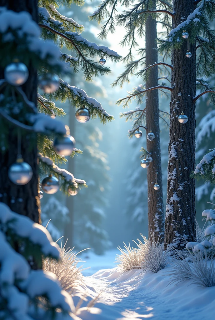 Ultra-resist image Pine trees with white glittering Christmas ornaments