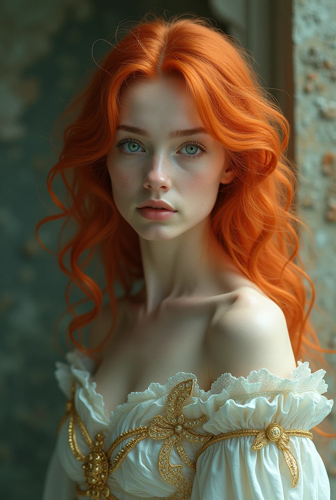 1 man (androgynous) with wavy red hair, that he has clothes of gods, round face, blue or emerald green eyes