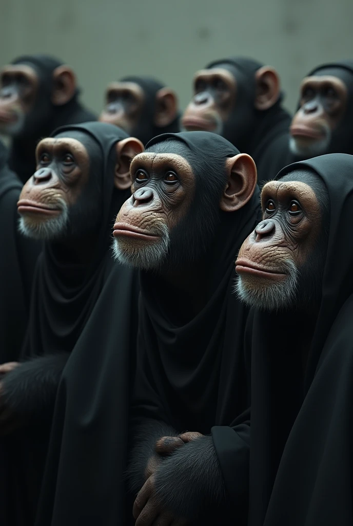 Chimpanzees dressed in black and crying 