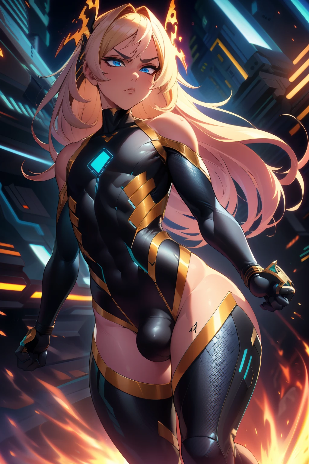 (extremely detailed CG unity 4k wallpaper),(masterpiece),(best quality),(ultra-detailed),(best illustration),(best shadow),(absurdres),(detailed background) femboy, cute, light skin, soft body, Flowing long blonde hair, Blue eyes, Black advanced combat suit, Burning city background, Aggressive pose, flat chest, bulge, black eyeliner, serious expression,
