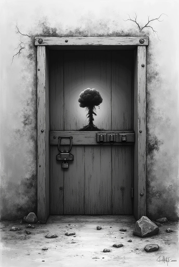 An image of a bunker padlocked door with the shadow of a nuclear bomb detonation in pencil