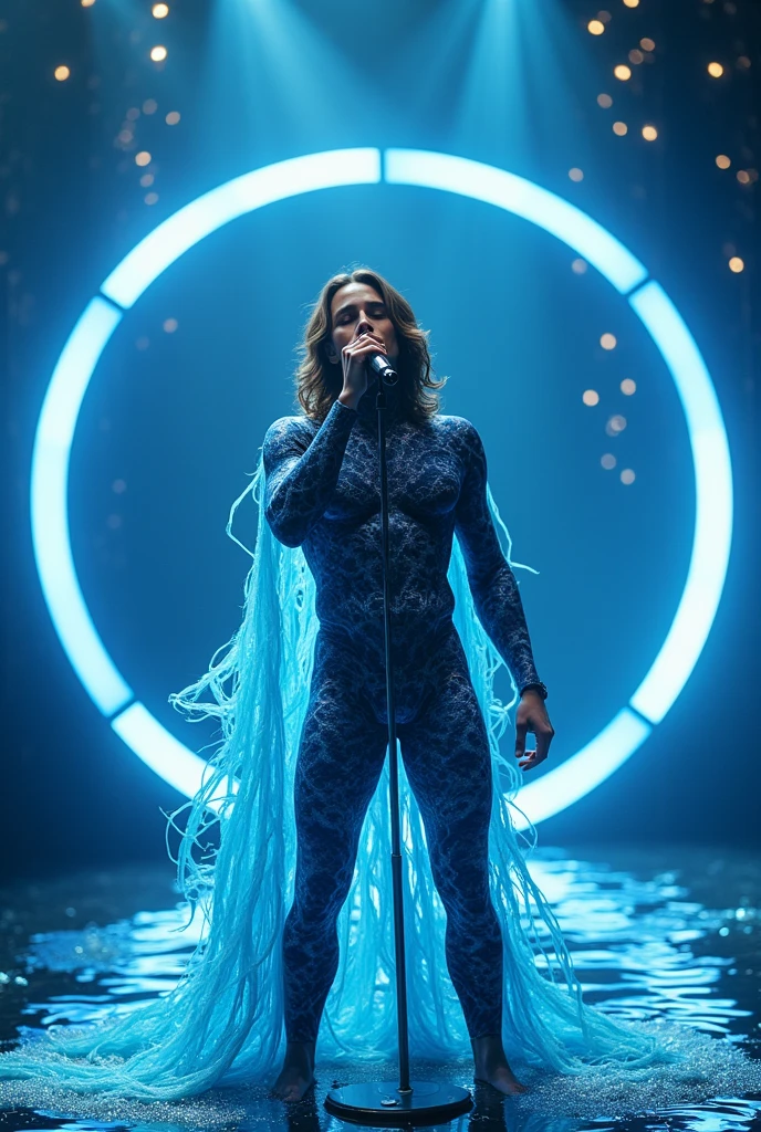 artwork best quality handsome american male teen gorgeous realistic long brown hair wearing websuit with waves on chest with fish scales and waves drawn in blue and dark blue color full body intricate details singing holding a microphone amidst a circle of blue light illuminated in a concert with details uhq 8k details