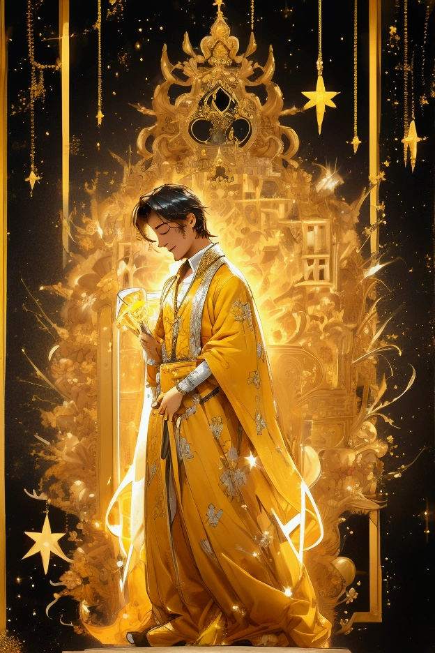 man in galazy glowing yellow like a star, closed eyes smiling.