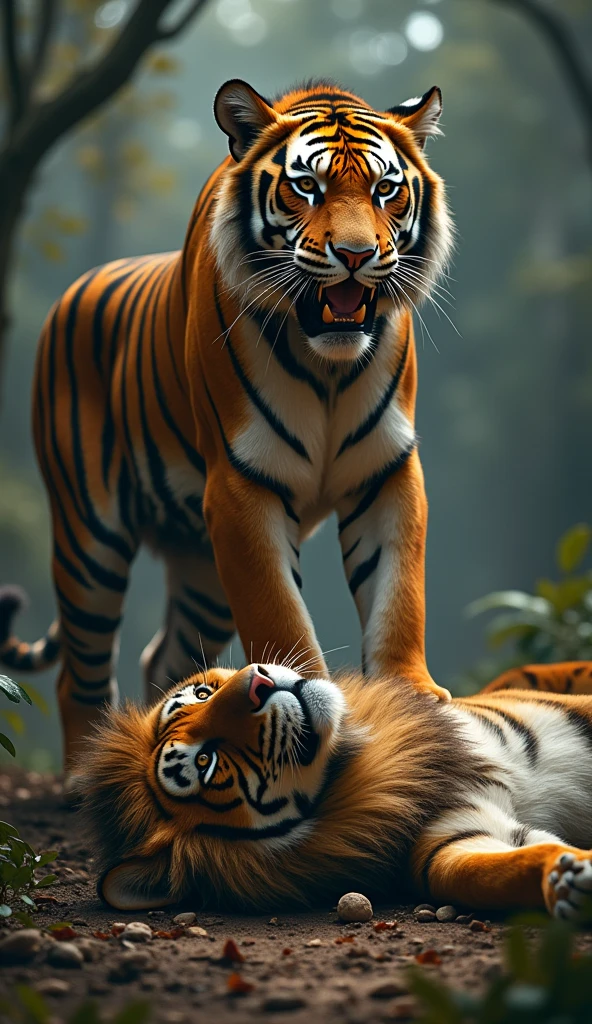 "A realistic and dramatic scene where a powerful tiger stands over a defeated lion. The tiger should be depicted with a fierce and triumphant expression, its fur and muscles detailed. The lion, lying on the ground, should look lifeless, with its majestic mane disheveled. The background should include a natural habitat, such as a dense jungle or savannah, adding to the intensity of the scene."