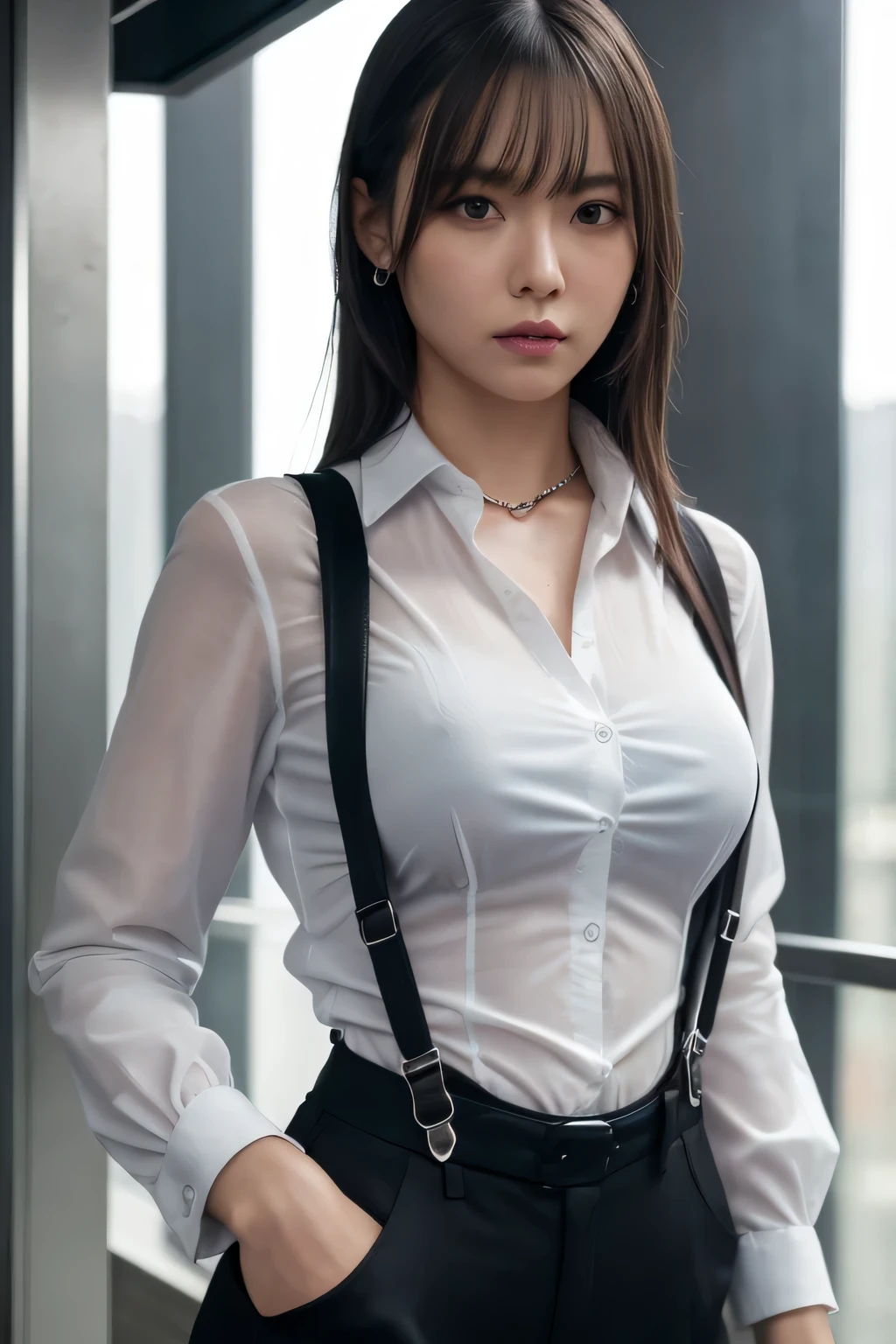 a woman in a suit, belt, hands behind back, sweating, suspenders, black pants, sexly, large breasts, see-through clothing, rain, detective, office worker, white button-up shirt, (best quality,4K,8k,highres,masterpiece:1.2),ultra-detailed,(realistic,photorealistic,photo-realistic:1.37),hyper-detailed,highly detailed face and body, Slender thin suspenders Moderate breasts See-through shirt Nipples holster chain Pistol Armament criminal Female criminal knife