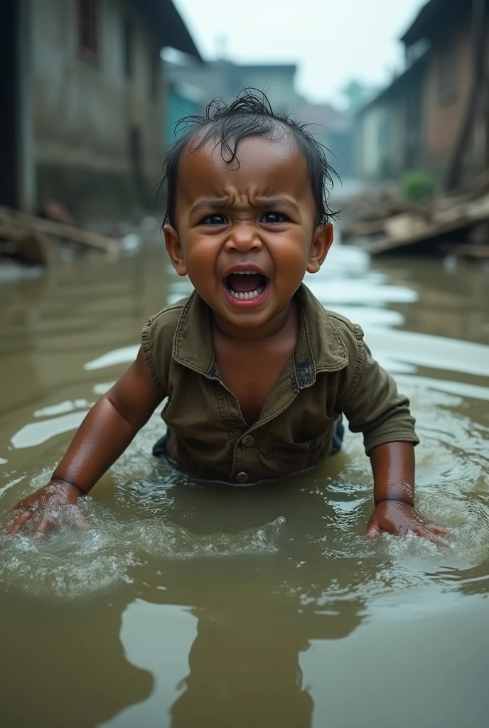 a small baby boy in flood of Bangladesh,he is crying it's look like real