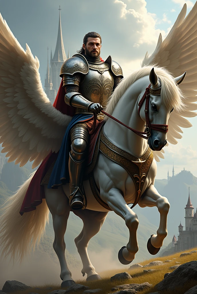 Masculine male person in medieval armor in u angel horse