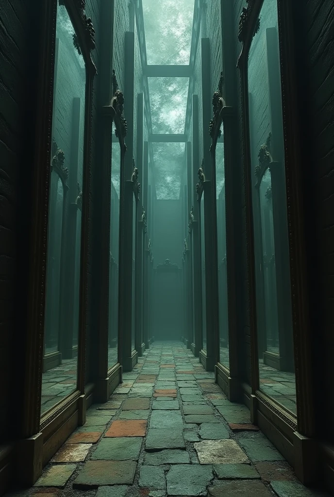  A room filled with tall, old mirrors, with reflections that move independently, creating an unsettling and surreal atmosphere.animation form 