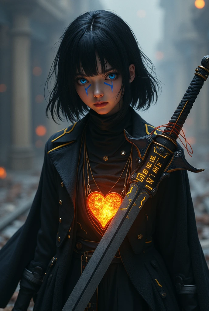A 2, with medium black hair, with blue eyes with blue stripes near the eyes forming a line, with a black overcoat with yellow stripes, with a thin long sword with a volcano heart inside the blade but the blade is gray and has Helsen in yellow written on the blade.