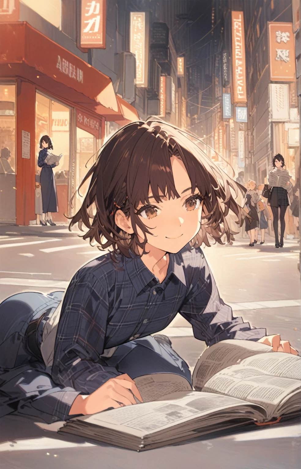 score_9, score_8_up, score_7_up, source_anime, best quality, amazing quality, very aesthetic, arafed woman reading a newspaper on a city street, winona ryder in repose, winona ryder, starshadowmagician, 1girl, brown eyes, wariza, short hair, black hair, messy bob haircut, happy face, a woman showing smile, medium shot angle, Shooting from the side, looking at away, stadimg angle. perfect dynamic composition, dark blue Plaid Flannel Shirt, long sleeves, blue jeans, sitting pose, in street backgrounds,