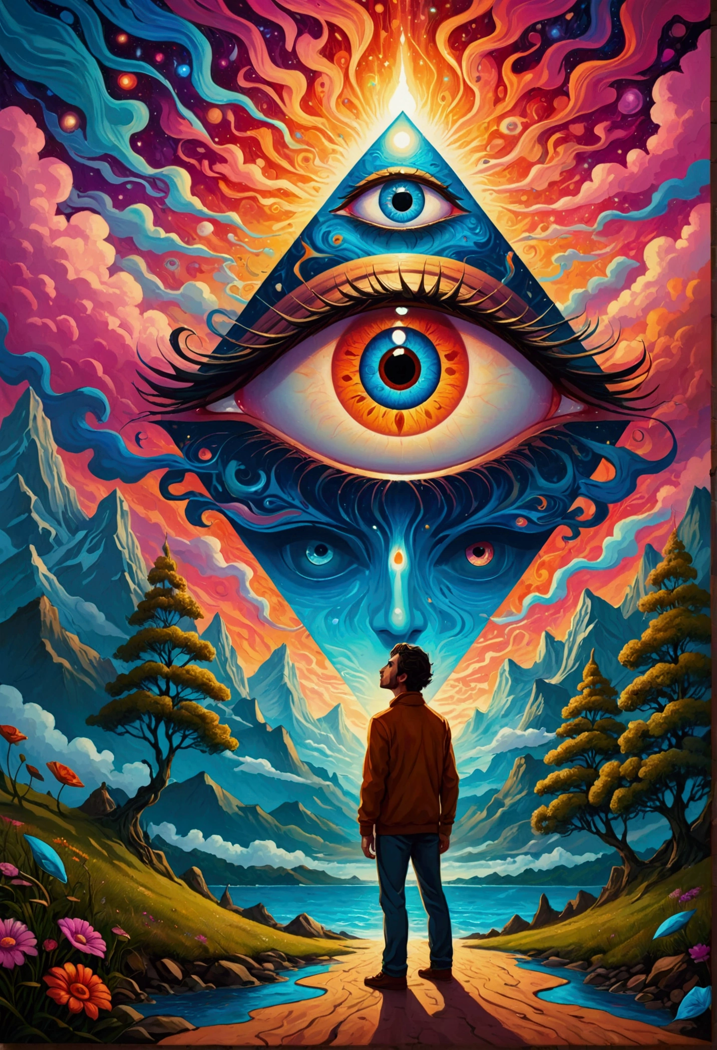 A man stands in front of a painting of an eye, Surrealism inspired by Cyril Rolando, Popular on artstation, Psychedelic Art, Visionary Art Style, Third Eye Vision, Psychedelic illustration, Fantasy painting, Psychedelic surrealist art, Psychedelic Art style, Psychedelic Art, psychedelic aesthetic, Dan Mumford and Alex Grey style, extremely psychedelic experience, The Third Eye, Psychedelic Trip
