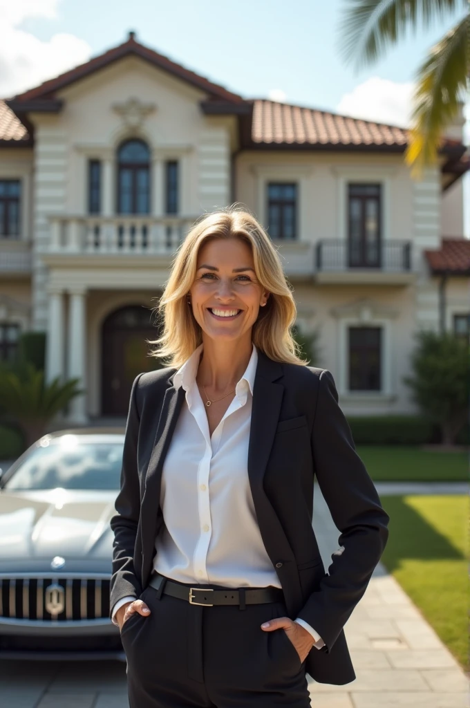 Successfull women standing infront of her beautiful home with Havel car