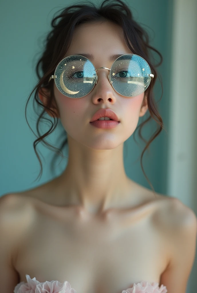 The model is wearing glass sunglasses with stars and the moon on the glass and without any clothe pink nipple full img
