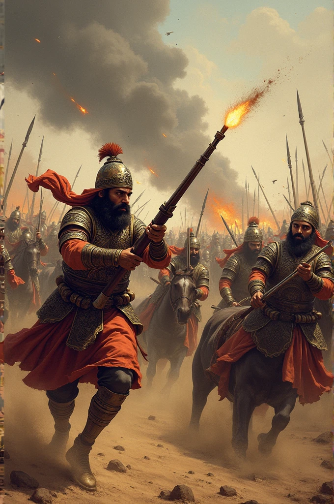 Gunpowder Warfare**: An illustration of Kumbha’s soldiers using early gunpowder firearms in battle, emphasizing the innovation and tactical advantage.