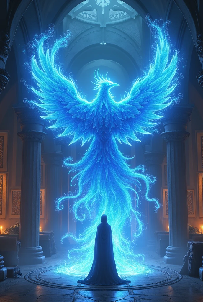 dominant phoenix-shaped aura, majestic magical bird made of blue energy, anthraquinone blue flames, swirling ethereal fire, rising from spell orb, hydrodynamic fire effect, magnetic energy streams, female fey sorcerer in background, magic academy setting, ancient runes archive, glowing scrolls, enchanted artifacts, mystical atmosphere, fantasy art, detailed magical illustration