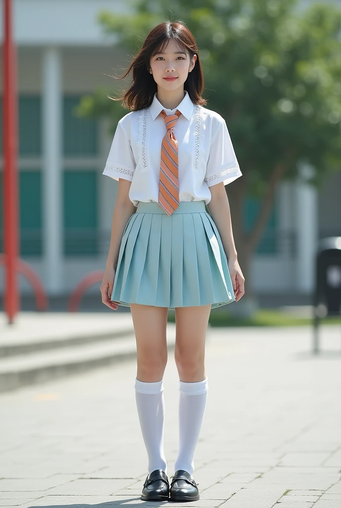 Please design a nice girly Korean school uniform for me with a men's tie