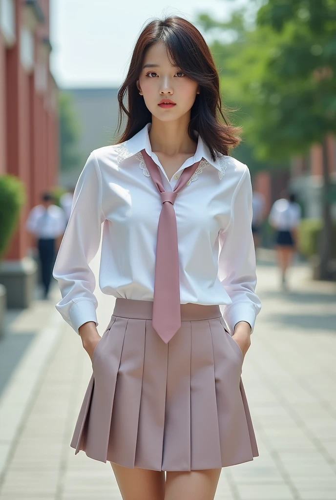Please design a nice girly Korean school uniform for me with a men's tie