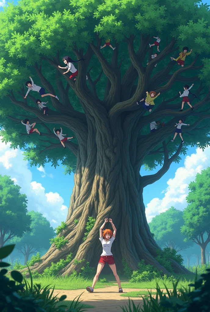 Japanese anime style,A woman is shaking a large tree,There are a lot of people on the tree,Someone is about to fall from the tree,8k