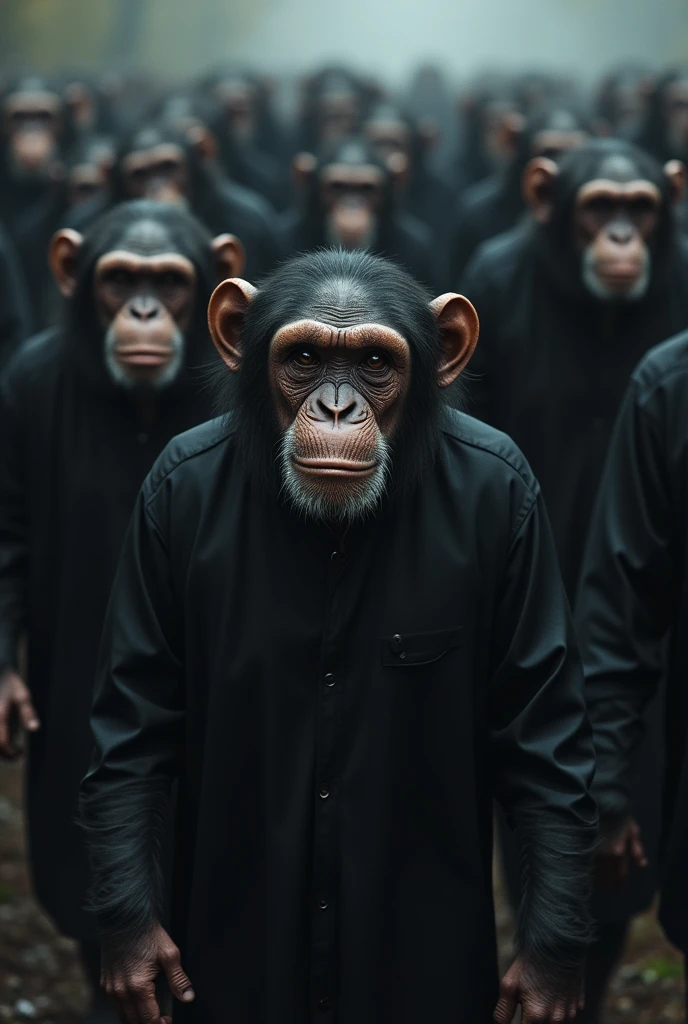 Chimpanzees marching in black, sad and crying
