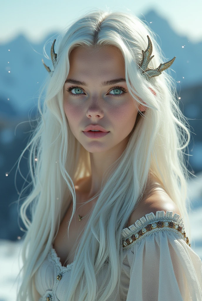 Vintage Fantasy, Masterpiece, Beautiful art, best quality, 1 girl, Close-up of a young Nordic princess, Scandinavian Mountains, Cold Weather, Symmetrical and highly detailed face, Peach-like smooth skin, Bright and aggressive green eyes, My white hair reaches my waist, Sculptural body, (Sparks: 0.7), Adobe illustration, Trending on Artstation, 8ก, HD, ยูHD, Cool and soft lighting,  --q 500 --s 100, -