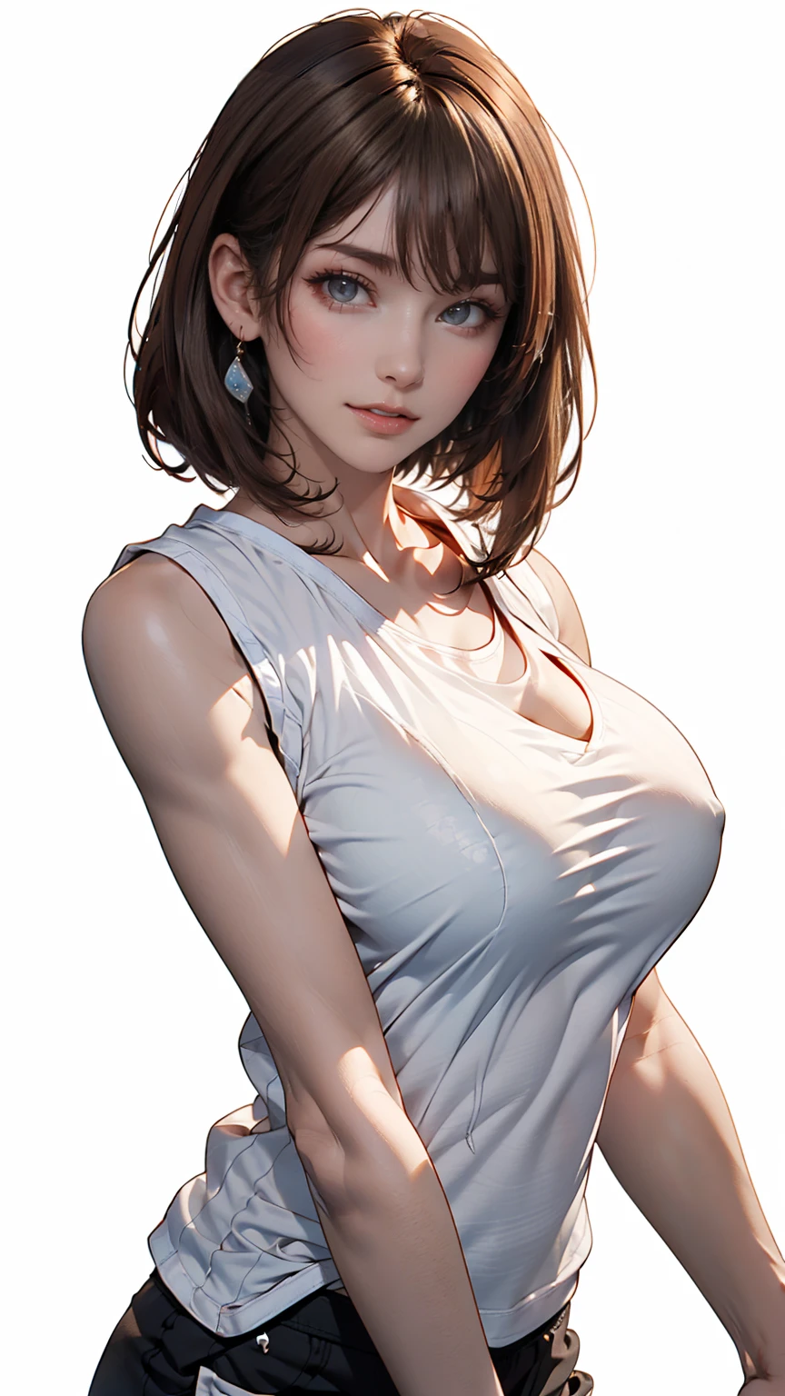 Highest quality, Realistic, 8k, High resolution, 1 girl, woman, (Skin Dentition), (Portraiture: 0.6), nice, (White Background: 1.82)), ((Big round breasts, Sleeveless white T-shirt: 1.75)), Straight Viewer: 1.8, (1 personEyes, Medium length hair, Brown Hair, Parted bangs : 1.65), Realistic, (Bokeh), (Mouth closed: 1.46), nice, Pure Eros Face_v1,