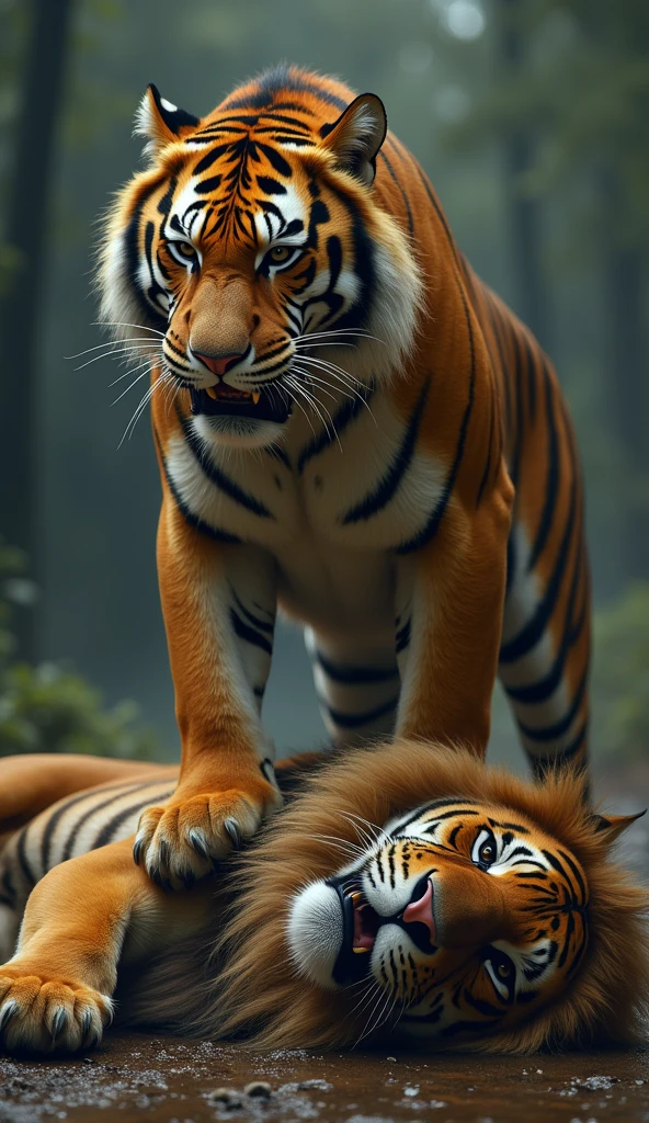 "A realistic and dramatic scene where a powerful tiger stands over a defeated lion. The tiger should be depicted with a fierce and triumphant expression, its fur and muscles detailed. The lion, lying on the ground, should look lifeless, with its majestic mane disheveled. The background should include a natural habitat, such as a dense jungle or savannah, adding to the intensity of the scene."