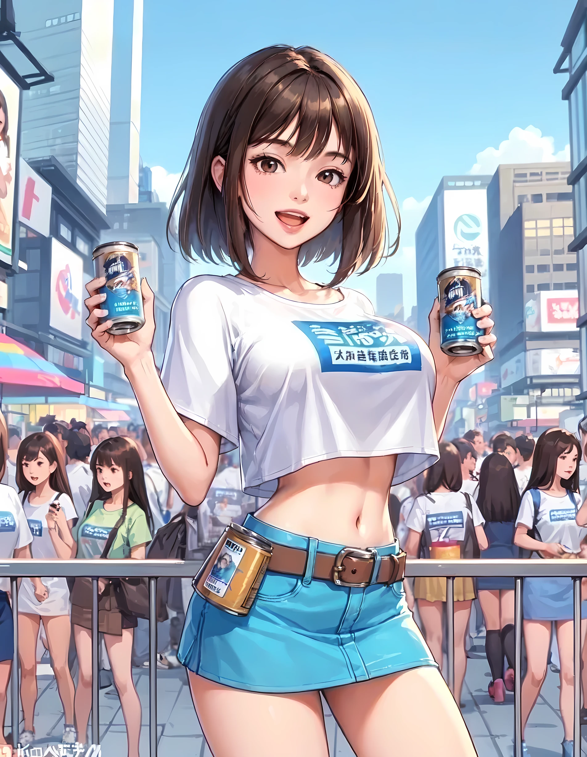 1lady standing, ((holding can of sample drink) in each hand), campaign girl, (short T-shirt with company logo) (blue miniskirt), (mature female:0.8), /(brown hair/) bangs, kind smile, open mouth (teeth:0.8), (masterpiece best quality:1.2) delicate illustration ultra-detailed, large breasts BREAK (populous downtown street) outdoors, (noon, cityscape, crowded, detailed background