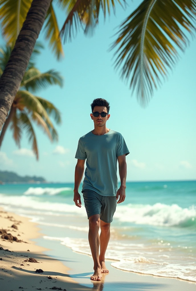 (photorealism)  Indonesian man ,Thin and short body (short) ,hairstyle (slicked back),walking on the beach with a background of waves and coconut trees ,Wearing a cool colored t-shirt and shorts,wearing black photochromic glasses ,barefoot ,