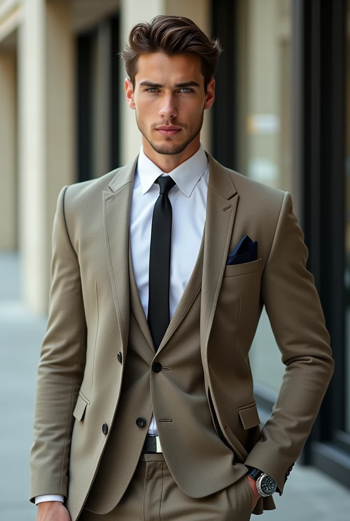 Young man in suit with brown hair and green eyes 