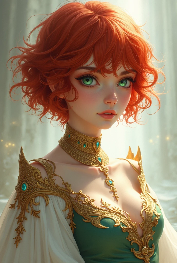 1 man (androgynous) with wavy red hair (short but not so much) , that he has clothes of gods, round face, blue or emerald green eyes