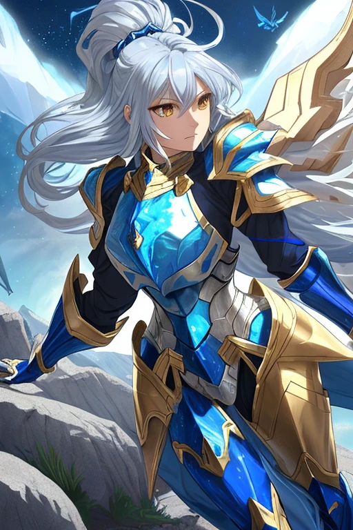 Blue armor, Dragoon, Light armor, Female, Bullish face, Golden lance in right hand, Long silver hair, Hair fluttering in the wind, Low angle, On top of rocks, Dragon flying in the sky, Emitting golden aura
