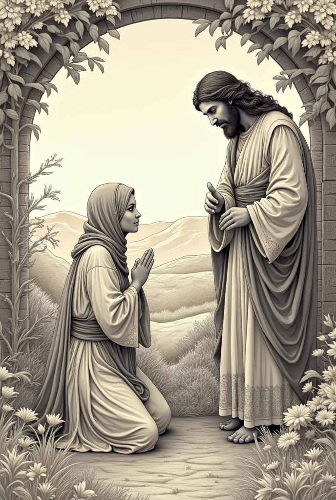 8 nested drawing) Canaanite woman kneeling before Jesus asking for help 