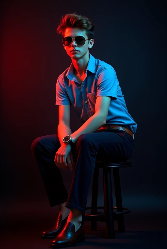 A  tan boy with short wavy haand wearing sunglasses, old watch,sky blue shorts sleeve shirt with dark brown belt with black long trouser and dark brown loafers and sitting in black stool and black background with red and blue light on it and turning right side and seeing right side 