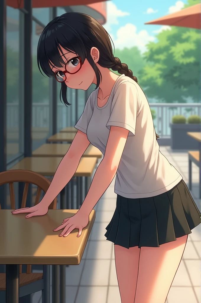 (Representing a single moment from an adult anime.), ((pubic hair, clitoris, braid, Glasses, pleated skirt, Love, round face, realistic sized eyes, droopy eyes, blush, embarrassed smile, thin lips, open legs)), (((standing already straddling to hit her crotch against the corner of the table to give herself pleasure))), open mouth, (outside, on the sidewalk, Terrace table),