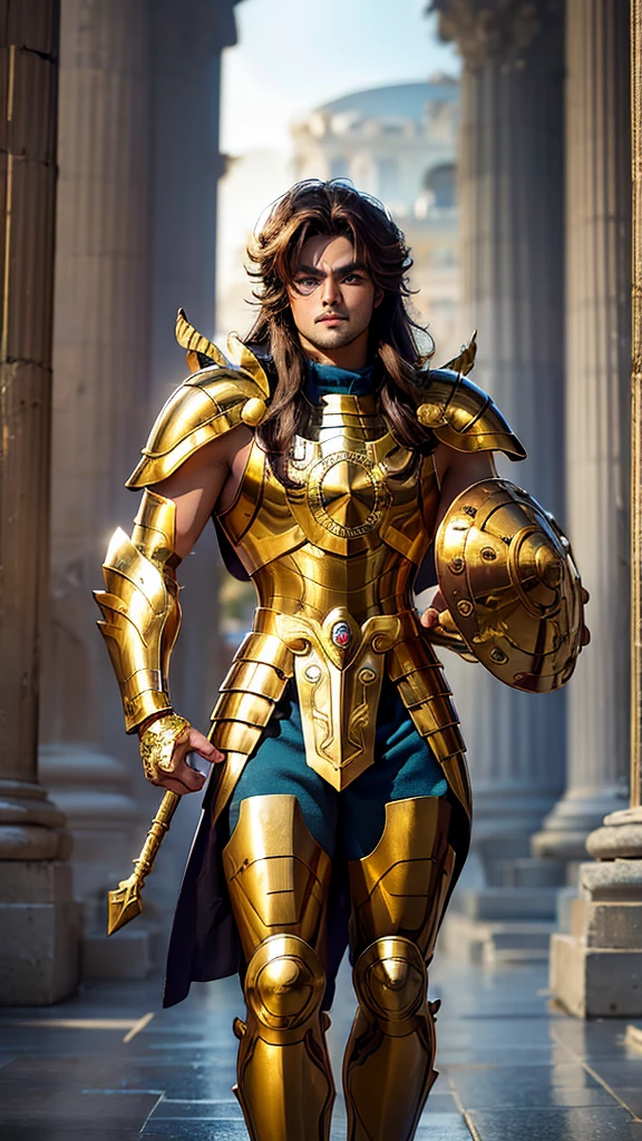 A man, male details, Degel Libra from Saint Seiya, masterpiece, best quality, highly detailed RAW color photo, sharp focus, 8k high definition, reading glasses, holding a dargon energy, long brown hair, turtle neck, male wearing gold shiny armor, light turquoise brown hair, tight-fitting  undergarment beneath armor, purple eyes, leg armor, shoulder armor, gold armor, reflection on armor, headset, gold headband, sparking armor, white skin-tight transparent vinyl, gentle smile, in an open and well-lit Coliseum,Fighting Pose with Greek pillars and garden with flowers, Libra Armor, standing straight, sacredness, landscape, bright, facial freckles (0.1), to8contrast style, posing in a bright Coliseum with Greek golden pillars, rim lighting (1.4), two-tone lighting with soft highlights, octane, unreal, well-lit, aura of wisdom.