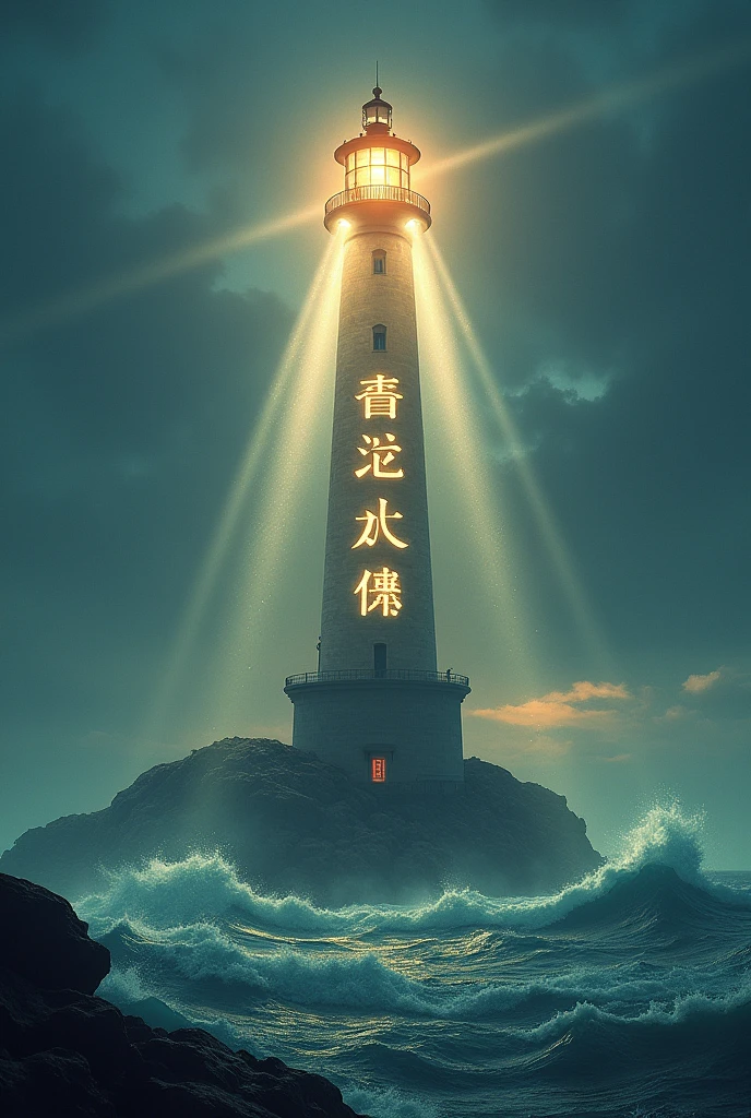 Depicting a lighthouse composed of multiple beams of light, with the word '廉洁从业' shining in the center of each beam