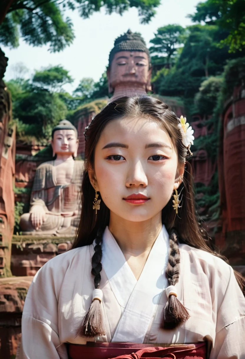 A girl in hanbok, pretty face, bust, standing in front of the Leshan Buddha in the background, film camera, Fuji, photographic prints, film tones