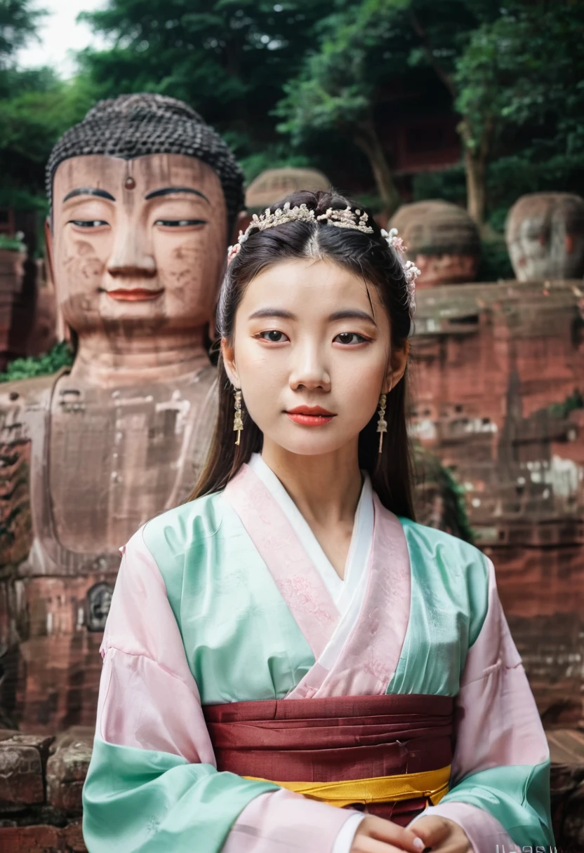 A girl in hanbok, pretty face, bust, standing in front of the Leshan Buddha in the background, film camera, Fuji, photographic prints, film tones