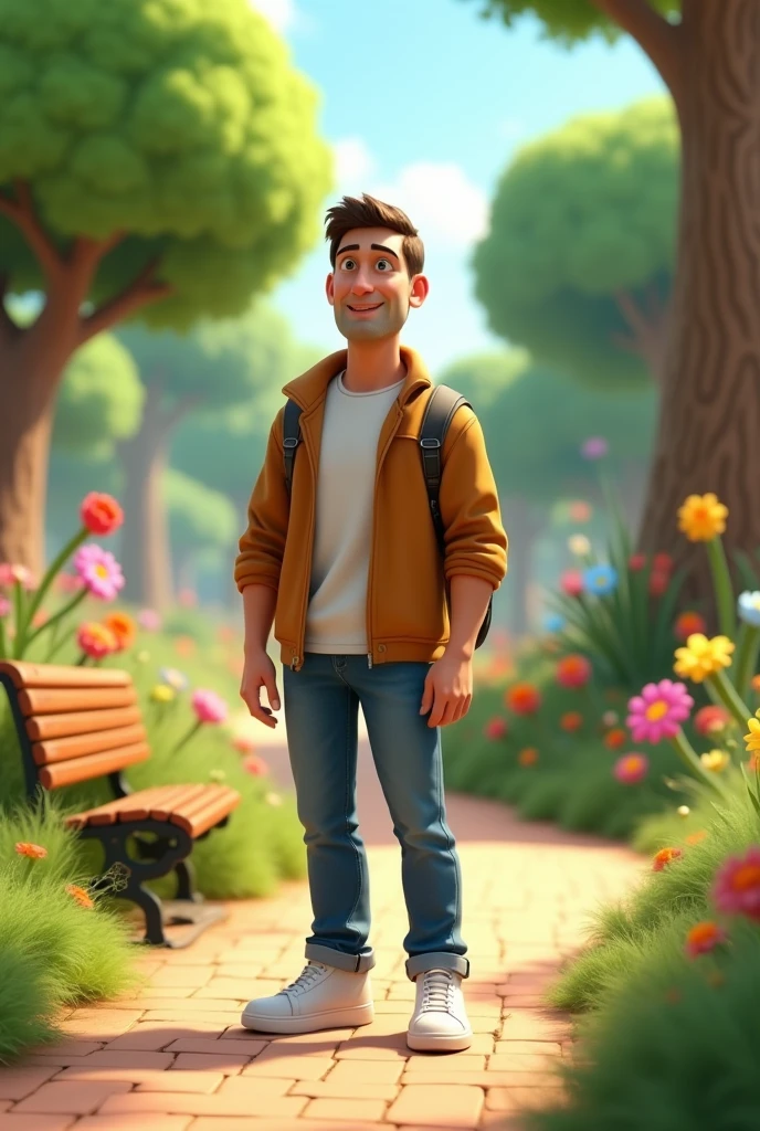 man 40 years old white skin, short brown hair, with jins and white sneakers.
in a park, pixar style