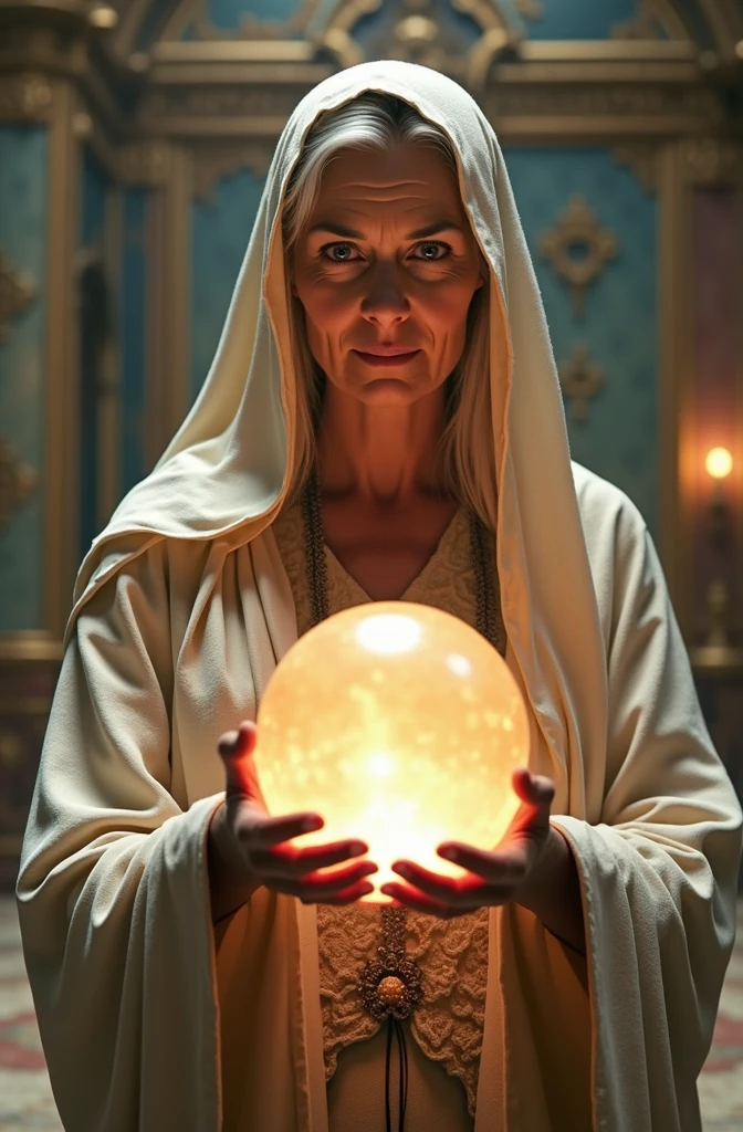 Nordic old lady,Close-up of looking forward with cloth on head, Holding a magic crystal ball, Casting a Spell, best quality, 4K resolution, Flawless face, in a luxurious palace, Superrealisticart)