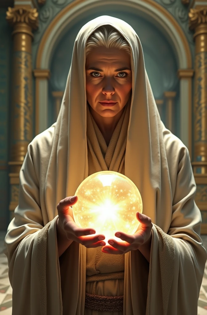 Nordic old lady,Close-up of looking forward with cloth on head, Holding a magic crystal ball, Casting a Spell, best quality, 4K resolution, Flawless face, in a luxurious palace, Superrealisticart)