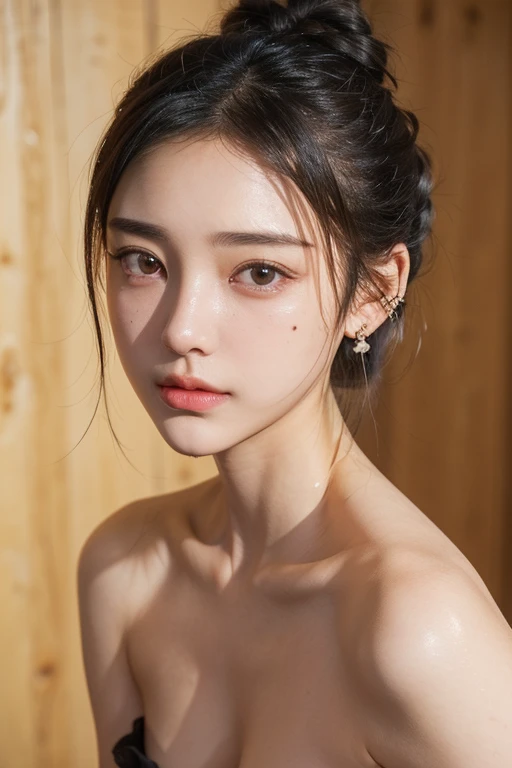 (2 pure Japanese girl,), (Small breasts:1.5,),(Moles on the left side of the neck and the right side of the chest:1.5),(solo,,Textured skin, Detailed skin,Detailed face,Detailed eyes,detailed posing,Natural eyebrows,Sparkling Eyes,High detail, Highest quality, Super detailed, Surrealism, ,8k,RAW Photos,Photographicism,Professional Lighting,Ray Tracing,Portrait Photography,Natural Light),(((Black Hair, Natural Makeup,Simple earrings, Low bun hairstyle,))),((camp,Ten))