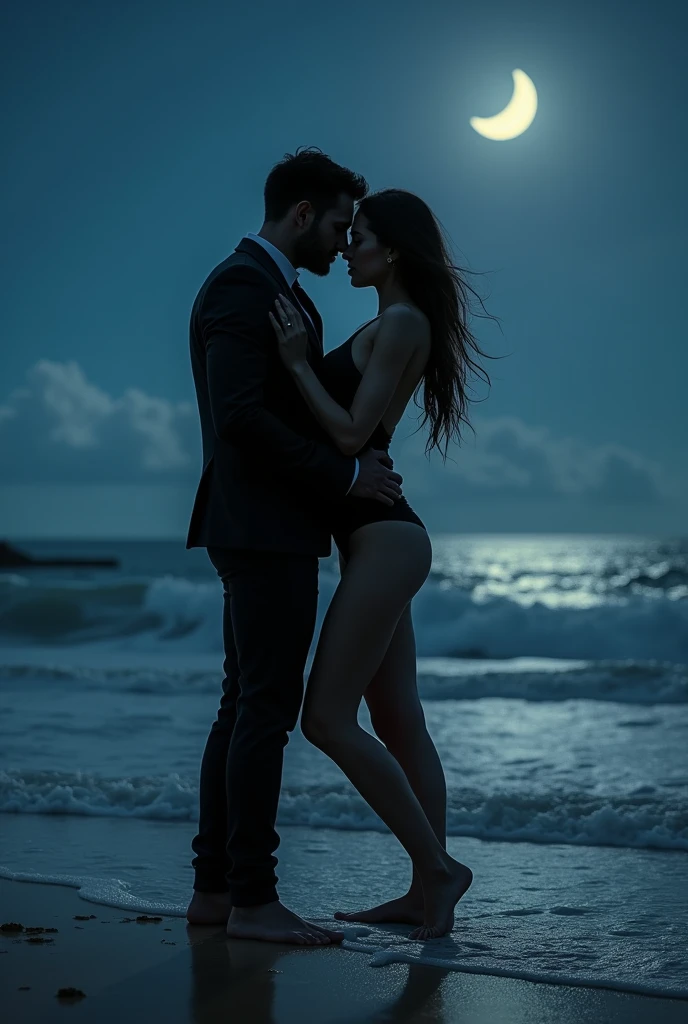 Creat an image of a couple having a spy sex on the beach