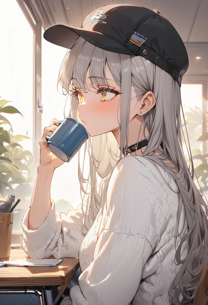 1girl,white sweater,grey hair,long hair, straight hair, chocker,blue jeans, holding mug ,wooden desk,from side, looking away, black cap, yellow eyes, narrow eye,put your elbows on the desk, comfortable,masterpiece,best quality, ultra detail, beautiful eyes,perfect hand,