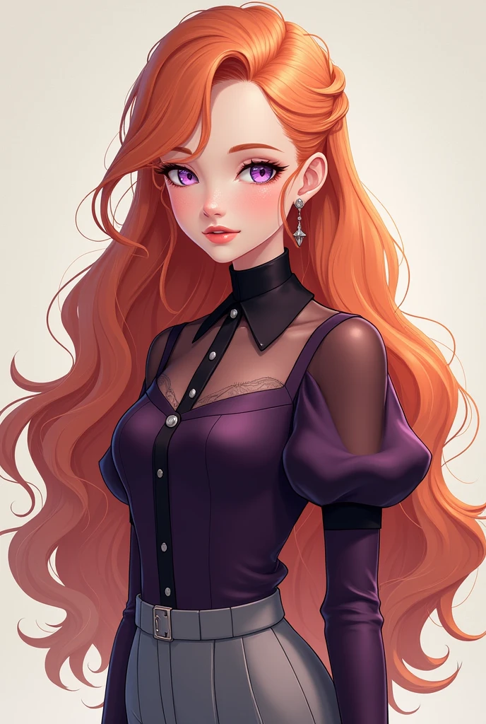 Vanessa is a very beautiful fifteen-year-old girl with snow-white skin, She has long, wavy, bright light orange hair that is usually styled half up with two strands falling down her beautiful face.,She has almond-shaped eyes, a light lilac purple color., her face is heart-shaped and she has a small nose and salmon pink lips, She wears a dark purple long-sleeved shirt that is puffed up around the arms, being a little more transparent there, and around the wrist, being glued with half of the shoulders uncovered in the shape of a triangle., He is wearing elegant grey trousers and black ankle boots..((Epic Anime 3D)) ((Miraculous ladybug)).