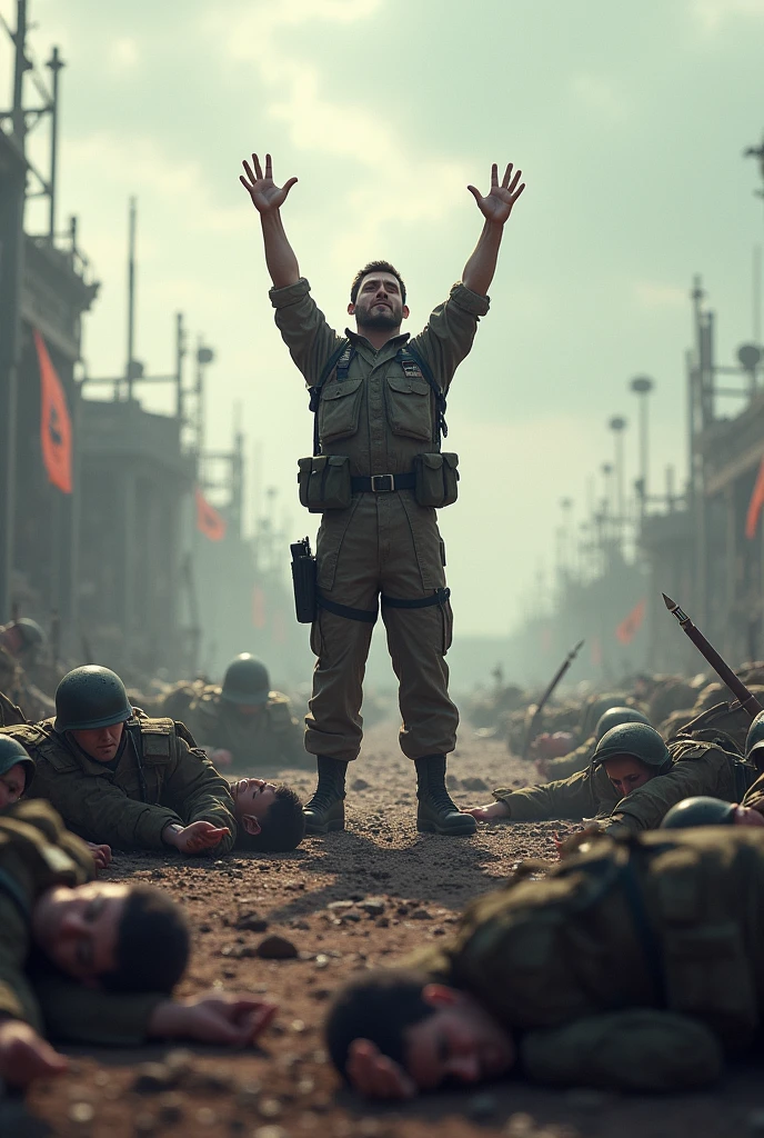 War zone with several fallen soldiers except one, the winner.
Qué the winner este feliz.
Let it be an animated design like a video game.