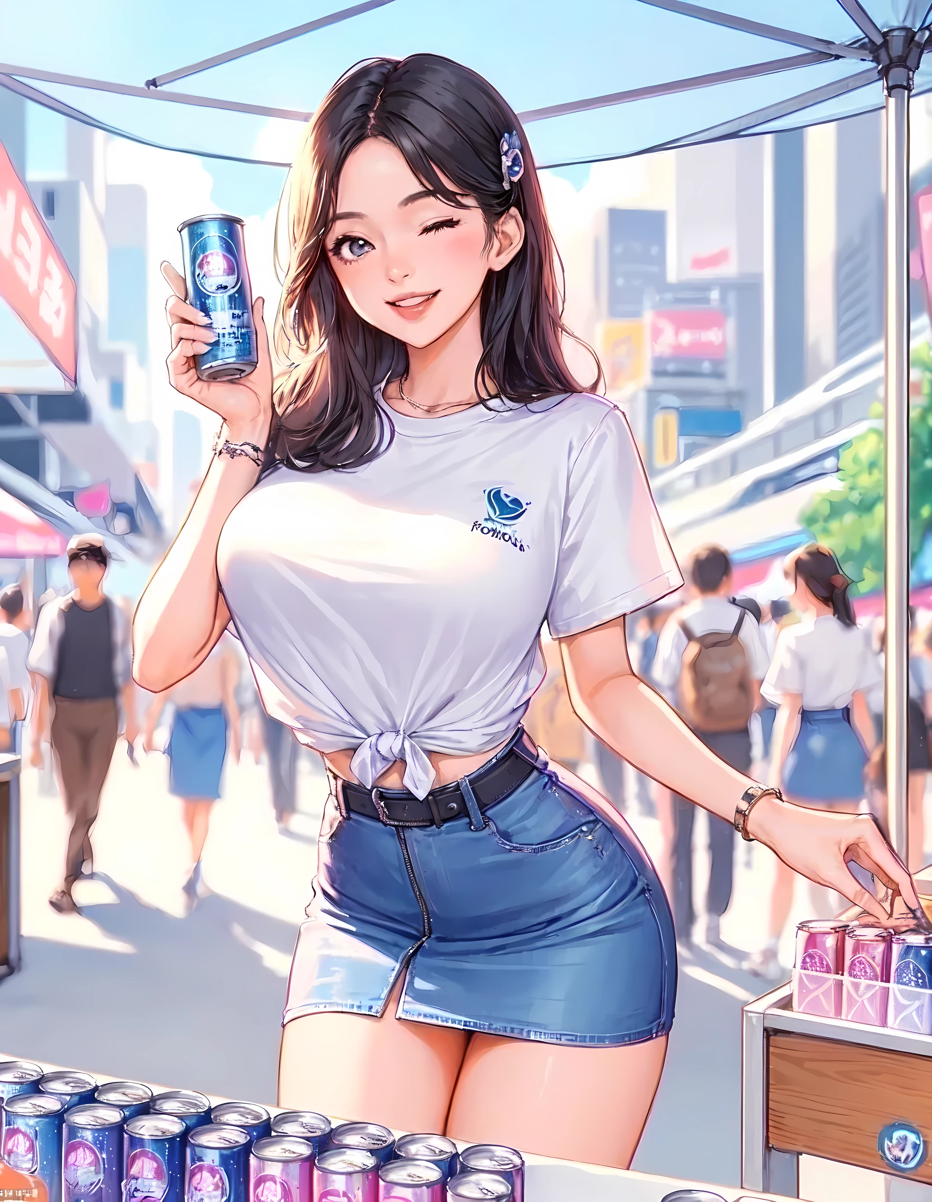 1lady standing, ((holding can of sample drink) in each hand), campaign girl, (short T-shirt with company logo) (blue miniskirt), (mature female:0.8), /(black hair/) bangs, kind smile, (one eye closed), (teeth:0.8), (masterpiece best quality:1.2) delicate illustration ultra-detailed, large breasts BREAK (populous downtown street) outdoors, (small booth) (cans of drink sample), noon, cityscape, crowded, detailed background