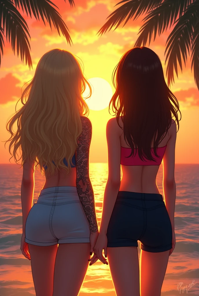 A couple of two girls watching the sunset in a sea, one girl has to be wavy with blonde hair and she has to have a tattoo on her entire arm, she has to be a little small and another girl, the other girl is going to have brown hair and a little bigger than the blonde girl, the blonde has to have straight hair, both of them don&#39;t have to have bangs and they are going to be watching the sunset in a tropical place, the one with blonde hair doesn&#39;t have to have short hair, she has to have it long and also have it wavy, and the one with brown hair has to have it medium, not so long or so small, and straight with brown hair, not so realistic, and the one with blonde hair has to have longer hair, the blonde hair has to have longer hair, and the one with short hair with brown hair has to have it medium, not short or so long, she has medium hair, the one with brown hair has to be a little bigger than the one with blonde hair and has to look a little less realistic.