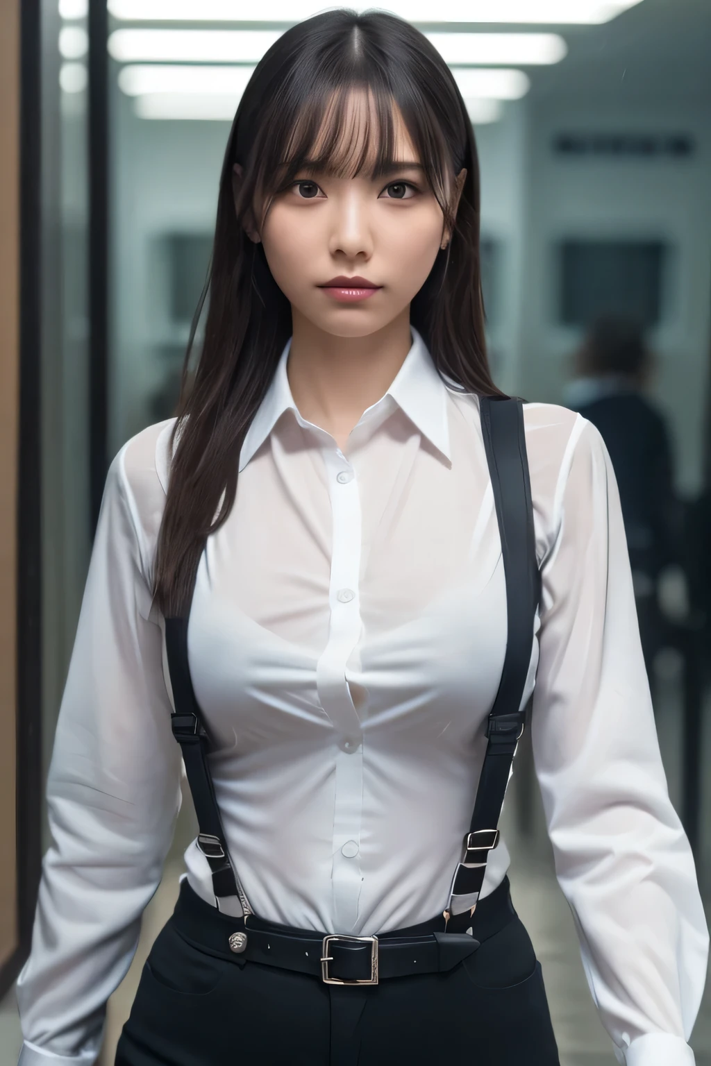 a woman in a suit, belt, hands behind back, sweating, suspenders, black pants, sexly, large breasts, see-through clothing, rain, detective, office worker, white button-up shirt, (best quality,4K,8k,highres,masterpiece:1.2),ultra-detailed,(realistic,photorealistic,photo-realistic:1.37),hyper-detailed,highly detailed face and body, Slender　thin　suspenders　Moderate breasts　See-through shirt　Nipples　holster　chain　Pistol　Armament　criminal　Female criminal　knife
