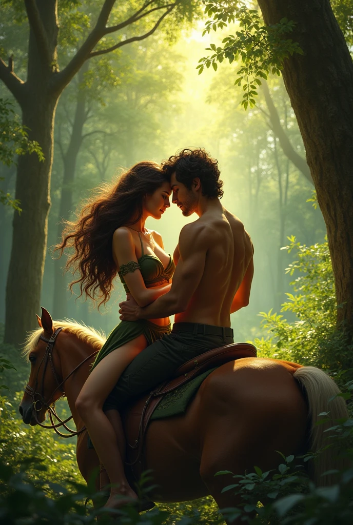 A brunette with a buxom body and a handsome and fit brunette man riding together in a forest